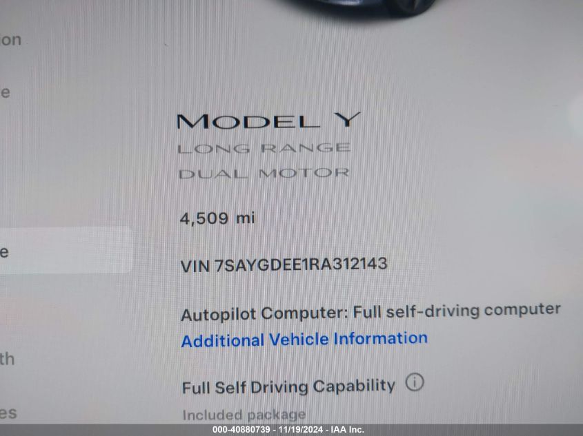 2024 Tesla Model Y Long Range Dual Motor All-Wheel Drive VIN: 7SAYGDEE1RA312143 Lot: 40880739