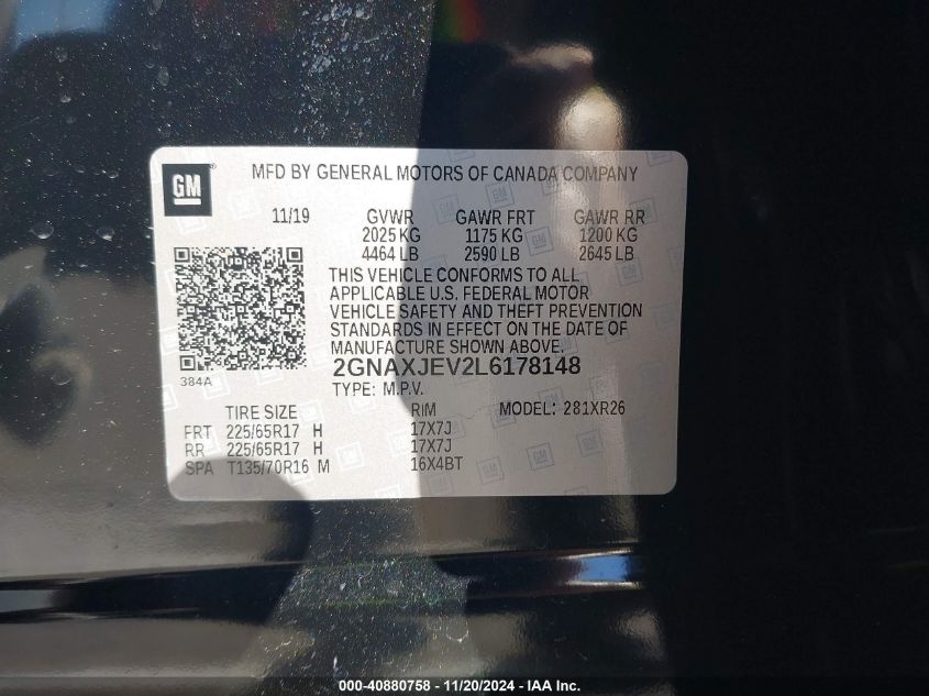 VIN 2GNAXJEV2L6178148 2020 CHEVROLET EQUINOX FWD 2FL