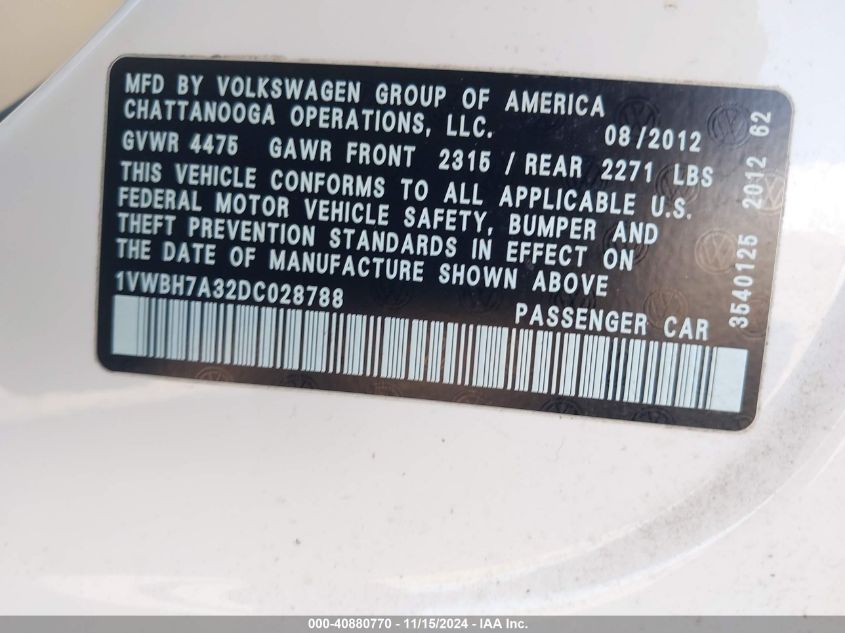 2013 Volkswagen Passat 2.5L Se VIN: 1VWBH7A32DC028788 Lot: 40880770