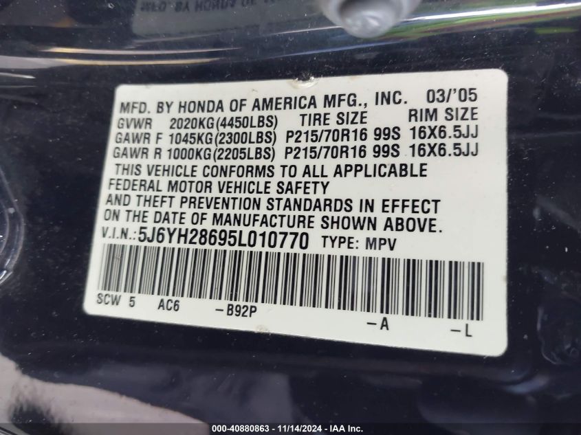 2005 Honda Element Ex VIN: 5J6YH28695L010770 Lot: 40880863