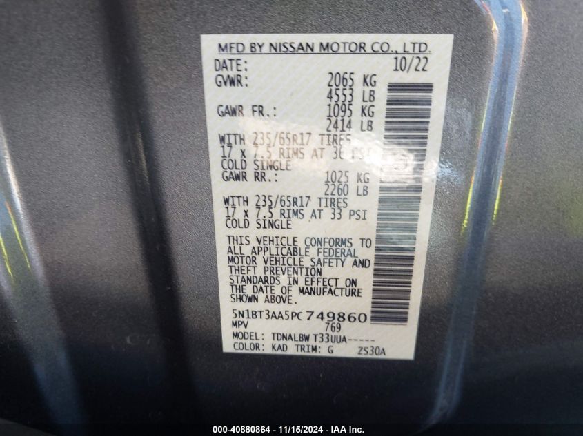 2023 Nissan Rogue S Fwd VIN: 5N1BT3AA5PC749860 Lot: 40880864