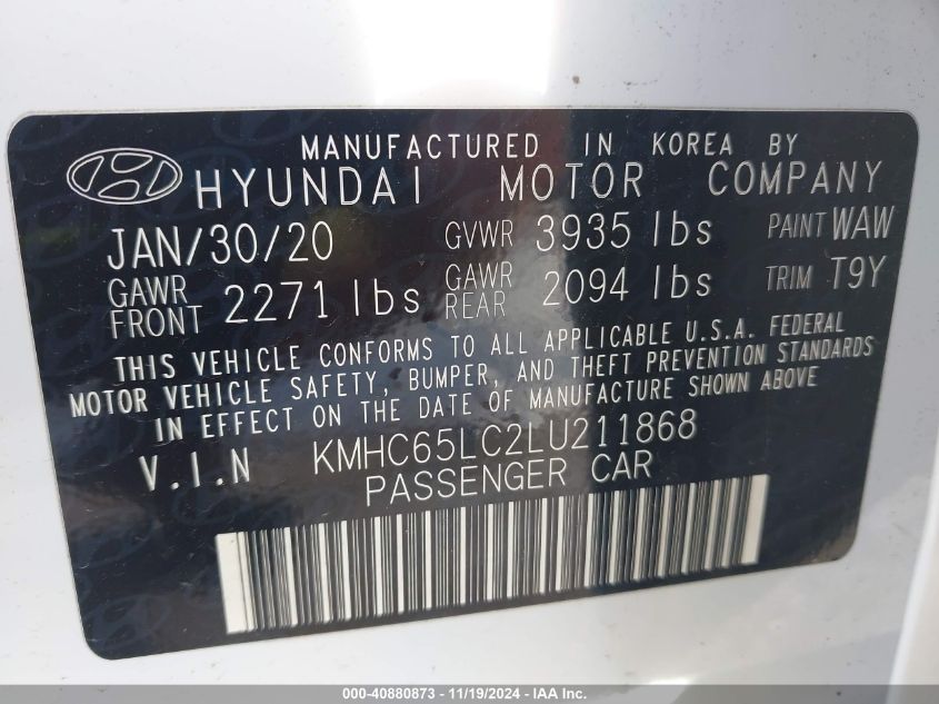 2020 Hyundai Ioniq Hybrid Blue VIN: KMHC65LC2LU211868 Lot: 40880873