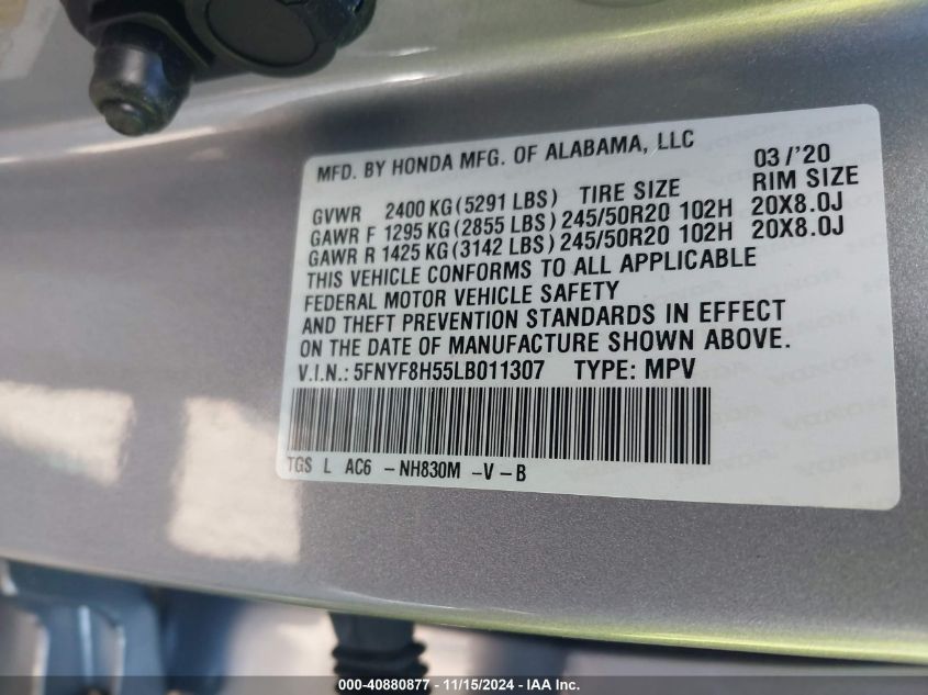 2020 Honda Passport Awd Ex-L VIN: 5FNYF8H55LB011307 Lot: 40880877