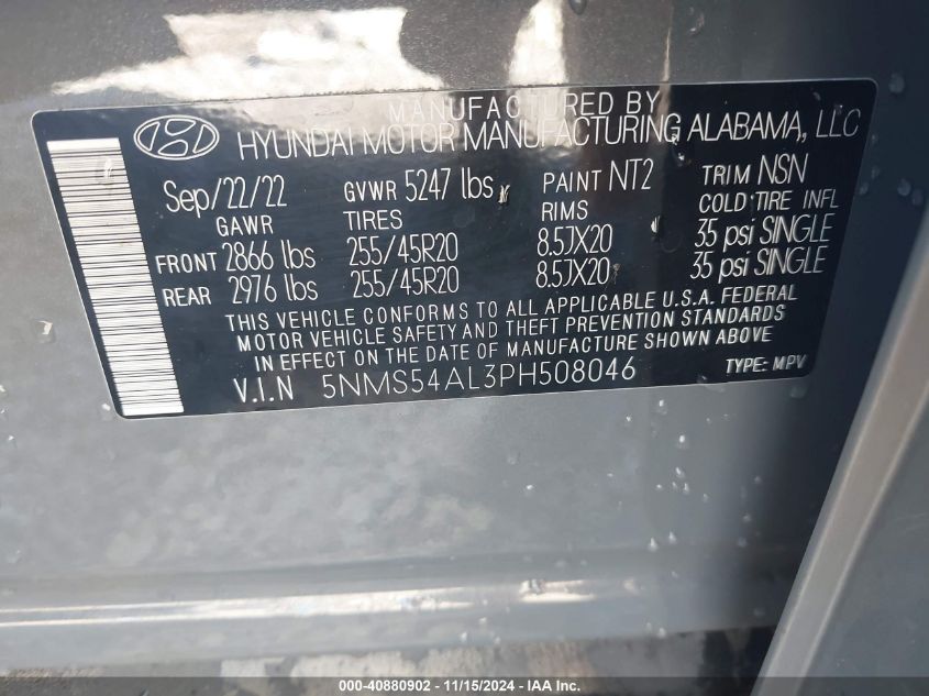 2023 Hyundai Santa Fe Calligraphy VIN: 5NMS54AL3PH508046 Lot: 40880902