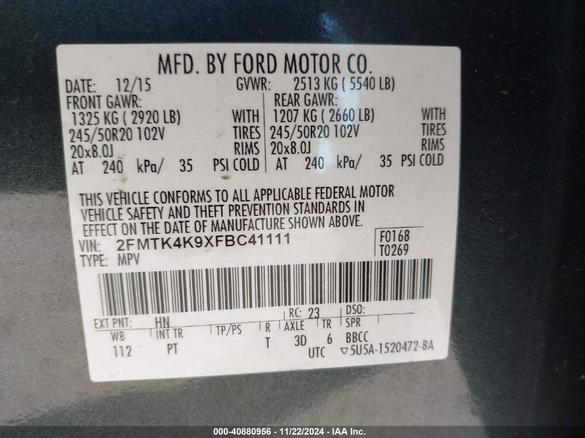 2015 Ford Edge Titanium VIN: 2FMTK4K9XFBC41111 Lot: 40880956