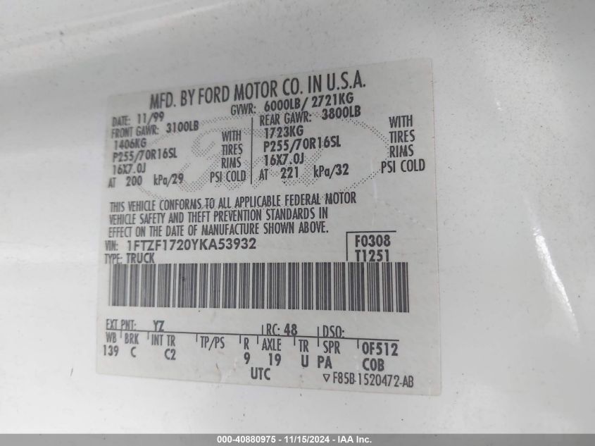 2000 Ford F-150 Work Series/Xl/Xlt VIN: 1FTZF1720YKA53932 Lot: 40880975