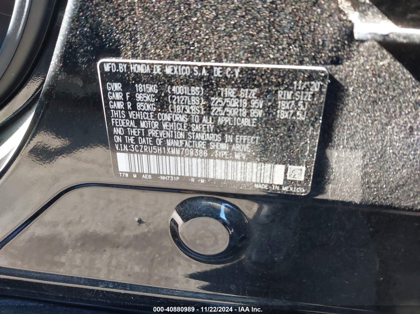 2021 HONDA HR-V VIN: 3CZRU5H1XMM708386