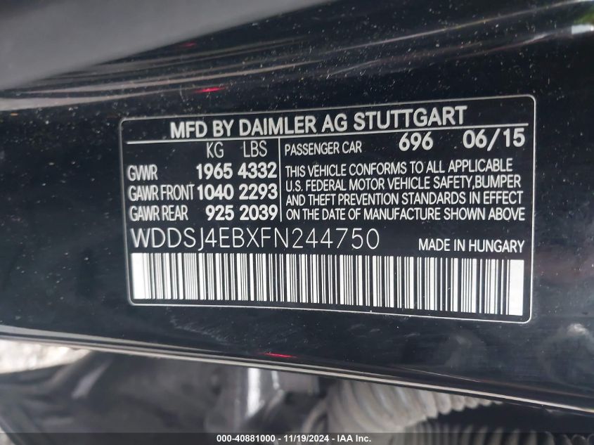 2015 Mercedes-Benz Cla 250 VIN: WDDSJ4EBXFN244750 Lot: 40881000