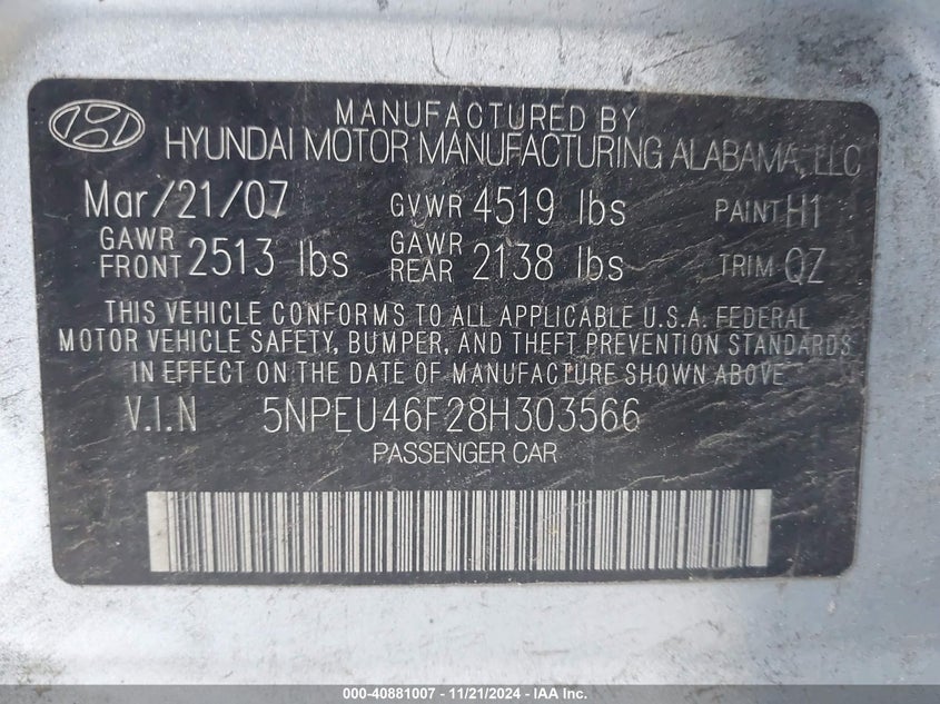 2008 HYUNDAI SONATA VIN: 5NPEU46F28H303566