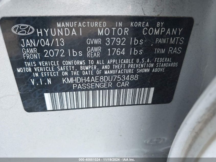 2013 Hyundai Elantra Gls VIN: KMHDH4AE8DU753488 Lot: 40881024