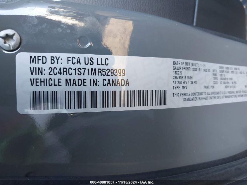 2021 Chrysler Pacifica Hybrid Limited VIN: 2C4RC1S71MR529399 Lot: 40881057