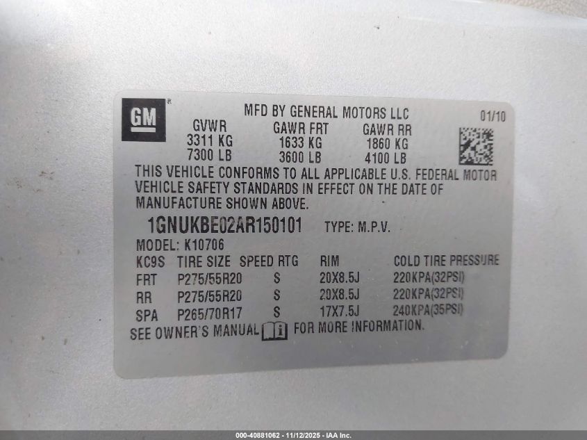 2010 Chevrolet Tahoe Lt VIN: 1GNUKBE02AR150101 Lot: 40881062