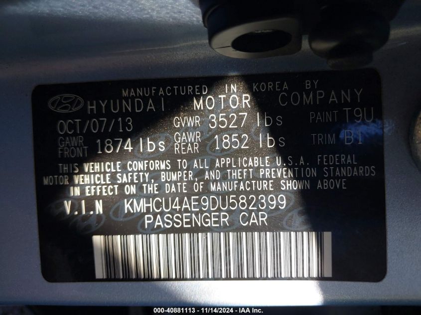 2013 Hyundai Accent Gls VIN: KMHCU4AE9DU582399 Lot: 40881113