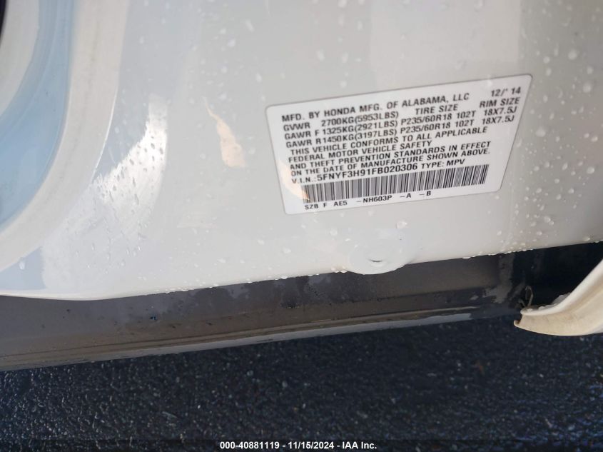 2015 HONDA PILOT TOURING - 5FNYF3H91FB020306