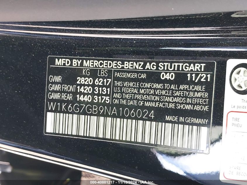 2022 Mercedes-Benz S 580 4Matic VIN: W1K6G7GB9NA106024 Lot: 40881217