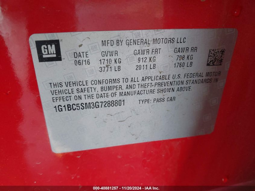 2016 CHEVROLET CRUZE VIN: 1G1BC5SM3G7288801