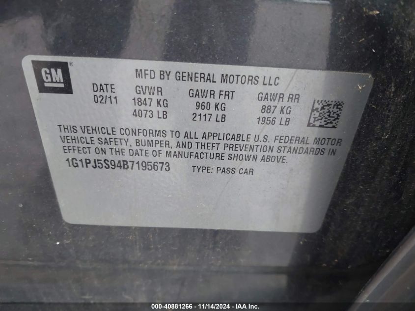 2011 Chevrolet Cruze Eco VIN: 1G1PJ5S94B7195673 Lot: 40881266