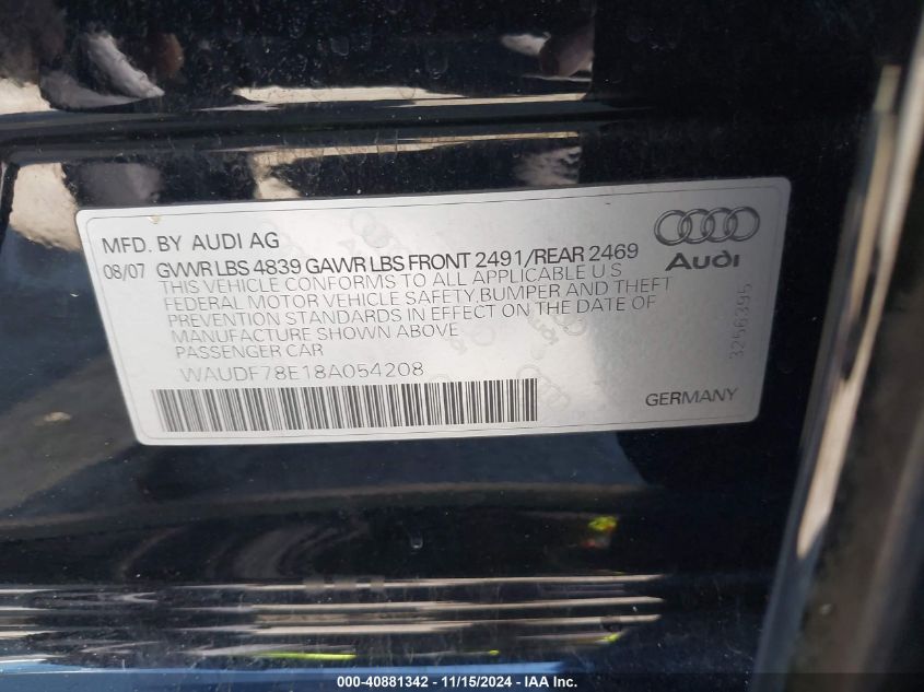 2008 Audi A4 2.0T/2.0T Special Edition VIN: WAUDF78E18A054208 Lot: 40881342