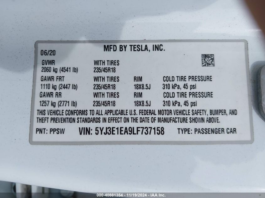 2020 Tesla Model 3 Standard Range Plus Rear-Wheel Drive/Standard Range Rear-Wheel Drive VIN: 5YJ3E1EA9LF737158 Lot: 40881354