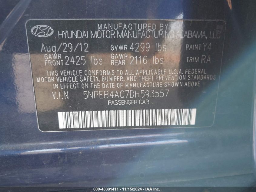 2013 Hyundai Sonata Gls VIN: 5NPEB4AC7DH593557 Lot: 40881411