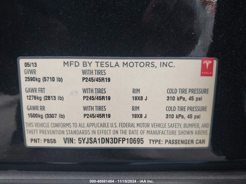 2013 Tesla Model S VIN: 5YJSA1DN3DFP10695 Lot: 40881454