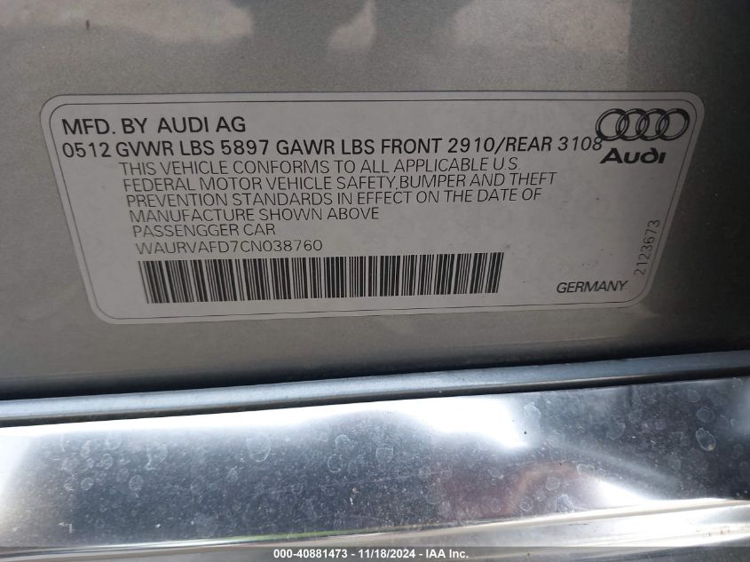 2012 Audi A8 L 4.2 VIN: WAURVAFD7CN038760 Lot: 40881473