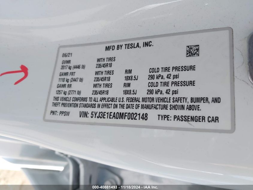 2021 Tesla Model 3 Standard Range Plus Rear-Wheel Drive VIN: 5YJ3E1EA0MF002148 Lot: 40881493