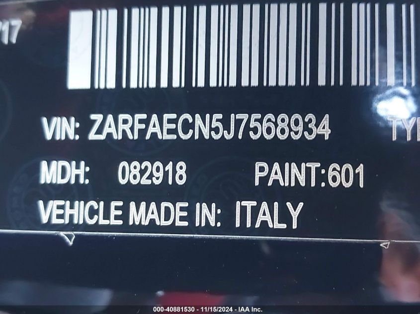 2018 Alfa Romeo Giulia Ti Lusso Rwd VIN: ZARFAECN5J7568934 Lot: 40881530