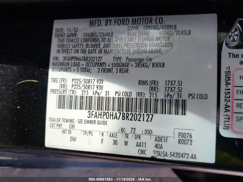 2011 Ford Fusion Se VIN: 3FAHP0HA7BR202127 Lot: 40881563