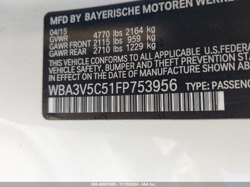 2015 BMW 428I VIN: WBA3V5C51FP753956 Lot: 40881585