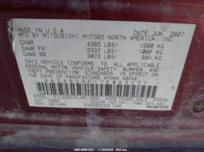 2007 Mitsubishi Galant Es/Se VIN: 4A3AB36F17E083377 Lot: 40881621