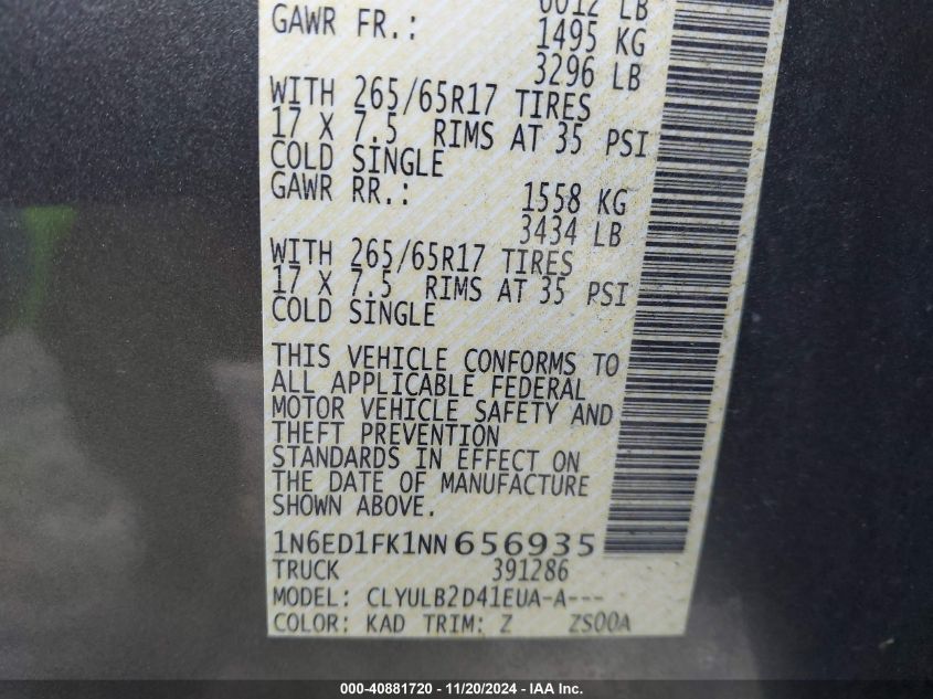 VIN 1N6ED1FK1NN656935 2022 Nissan Frontier, Long Be... no.9