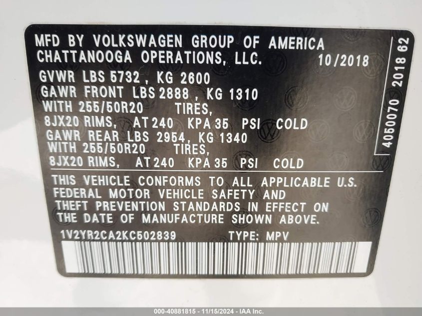 2019 Volkswagen Atlas 3.6L V6 Se W/Technology R-Line VIN: 1V2YR2CA2KC502839 Lot: 40881815