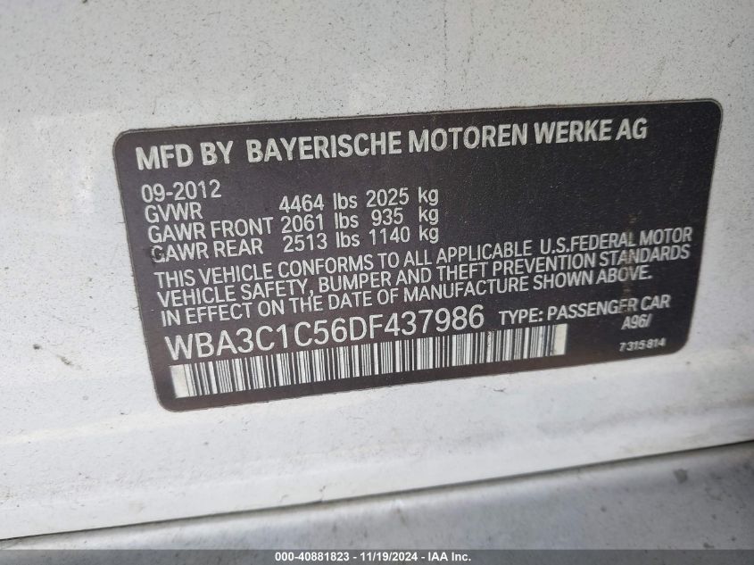 2013 BMW 328I VIN: WBA3C1C56DF437986 Lot: 40881823