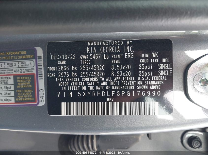 2023 Kia Sorento X-Line Ex VIN: 5XYRHDLF3PG176990 Lot: 40881872