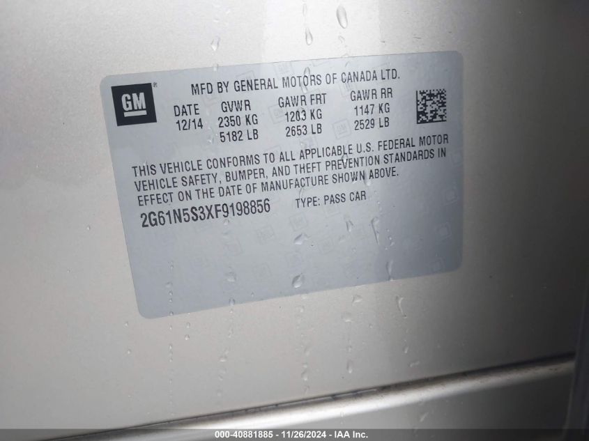 2015 Cadillac Xts Luxury VIN: 2G61N5S3XF9198856 Lot: 40881885