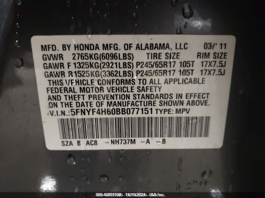 2011 Honda Pilot Ex-L VIN: 5FNYF4H60BB077151 Lot: 40881938