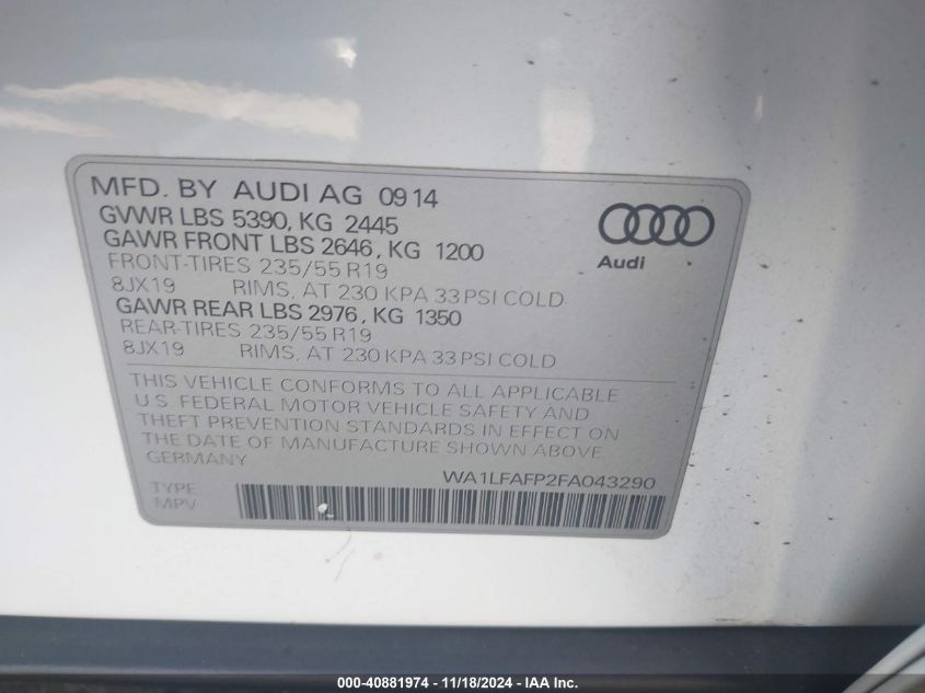 2015 Audi Q5 Premium Plus VIN: WA1LFAFP2FA043290 Lot: 40881974