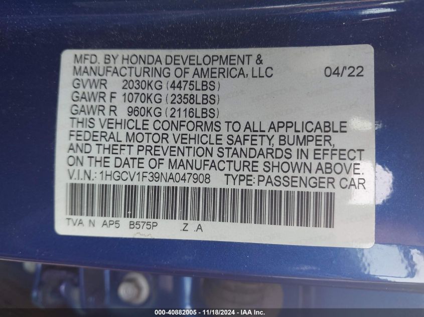 2022 Honda Accord Sport VIN: 1HGCV1F39NA047908 Lot: 40882005