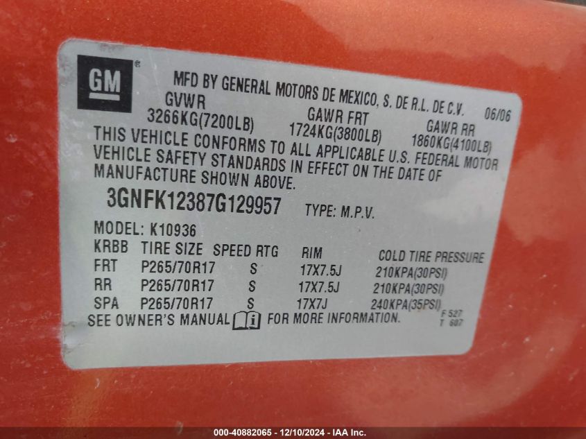 2007 Chevrolet Avalanche 1500 Lt VIN: 3GNFK12387G129957 Lot: 40882065