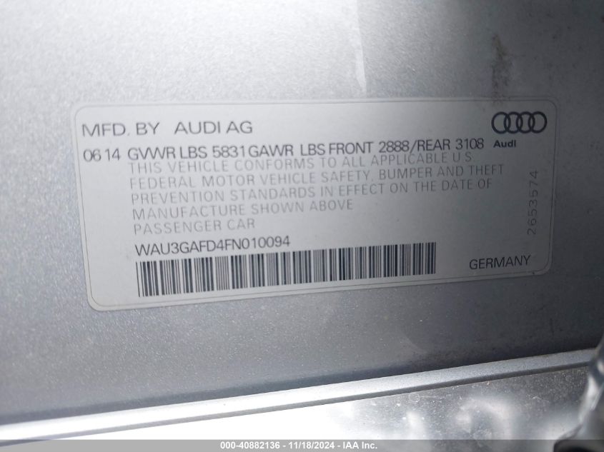 2015 Audi A8 3.0T VIN: WAU3GAFD4FN010094 Lot: 40882136