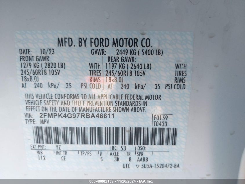 2024 Ford Edge Se VIN: 2FMPK4G97RBA46811 Lot: 40882139