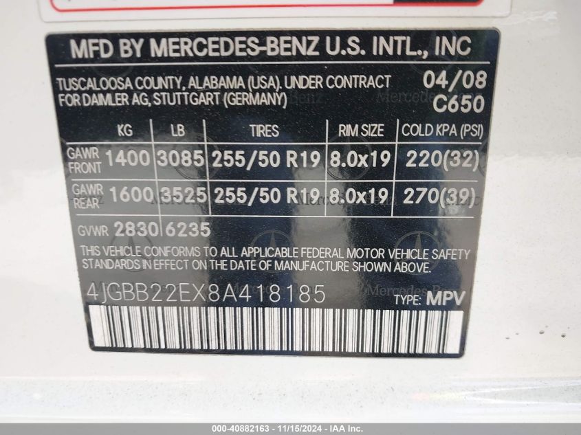 2008 Mercedes-Benz Ml 320 Cdi 4Matic VIN: 4JGBB22EX8A418185 Lot: 40882163