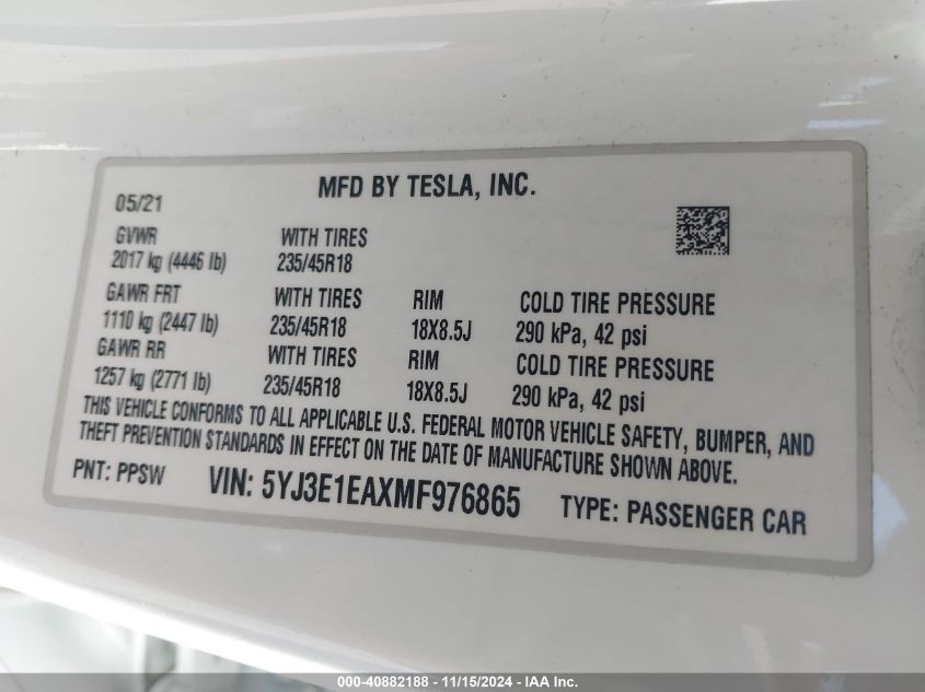 2021 Tesla Model 3 Standard Range Plus Rear-Wheel Drive VIN: 5YJ3E1EAXMF976865 Lot: 40882188