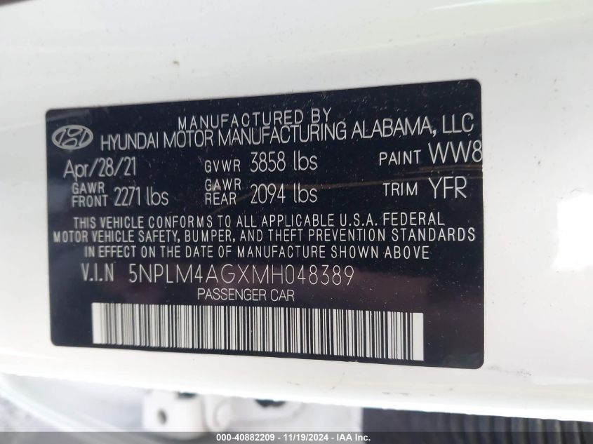 2021 HYUNDAI ELANTRA VIN: 5NPLM4AGXMH048389