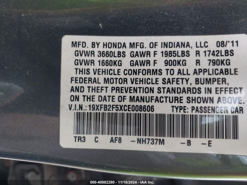 2012 Honda Civic Lx VIN: 19XFB2F5XCE008606 Lot: 40882280