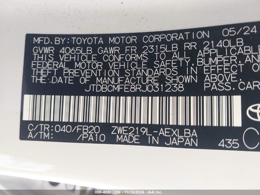 2024 Toyota Corolla Hybrid Le VIN: JTDBCMFE8RJ031238 Lot: 40882286