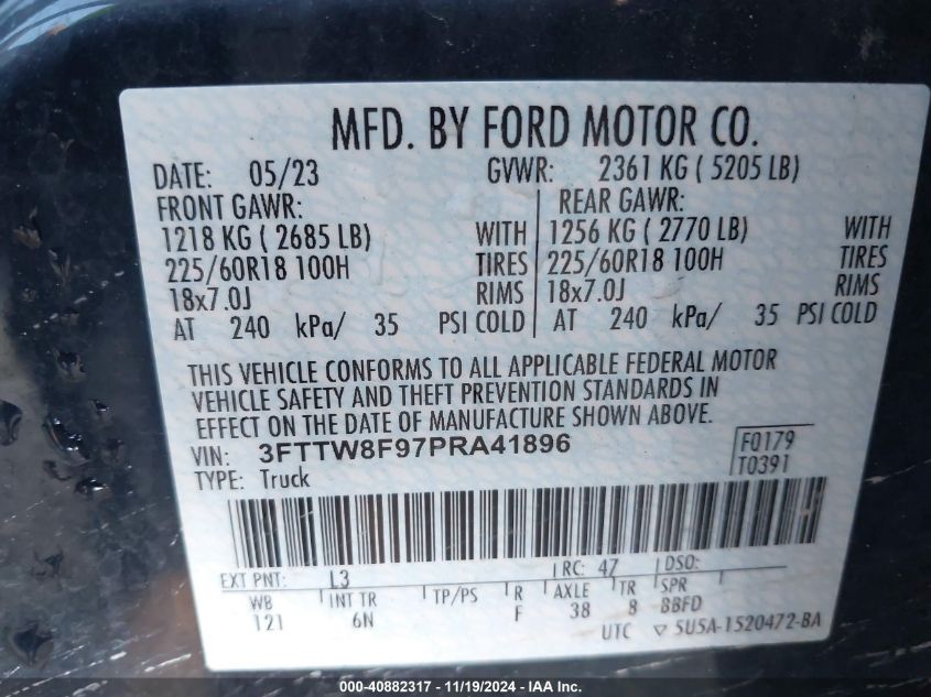 2023 Ford Maverick Lariat VIN: 3FTTW8F97PRA41896 Lot: 40882317