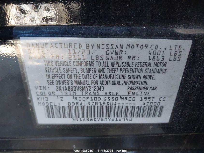 2021 Nissan Sentra Sr Xtronic Cvt VIN: 3N1AB8DV8MY212940 Lot: 40882461