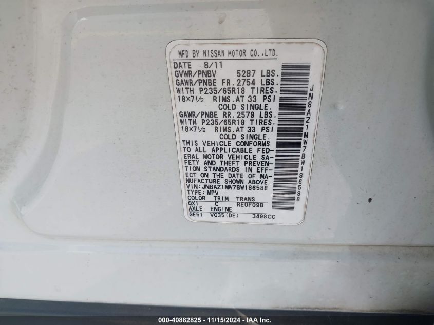 2011 Nissan Murano Sv VIN: JN8AZ1MW7BW186588 Lot: 40882825